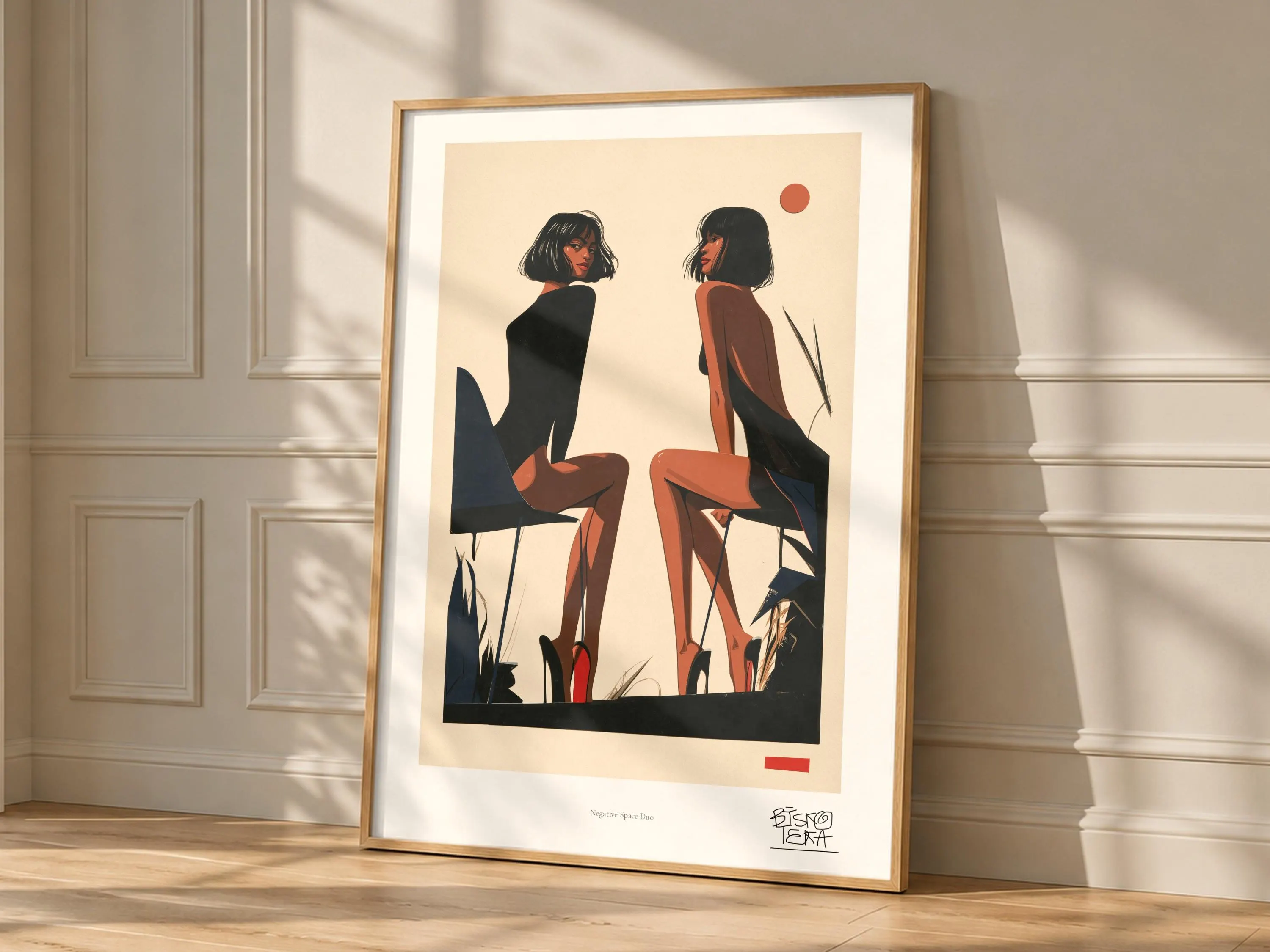 Negative Space Duo framed art print, shown hanging in a styled room