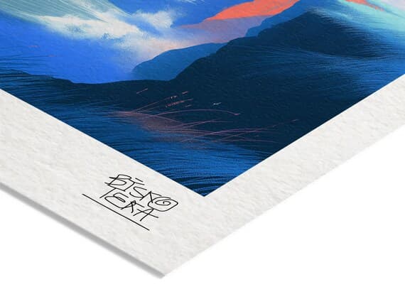 Close-up of the printed signature on the fine-art giclée paper of the Azure Cliff Horizon print
