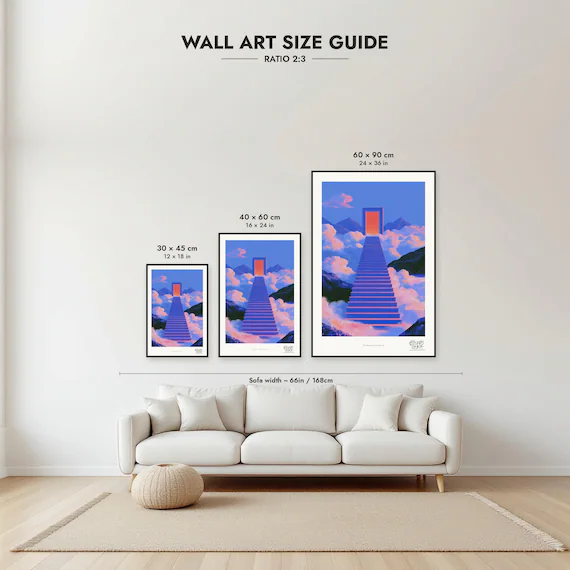 Size guide: 30×45, 40×60 and 60×90 cm to scale above a sofa