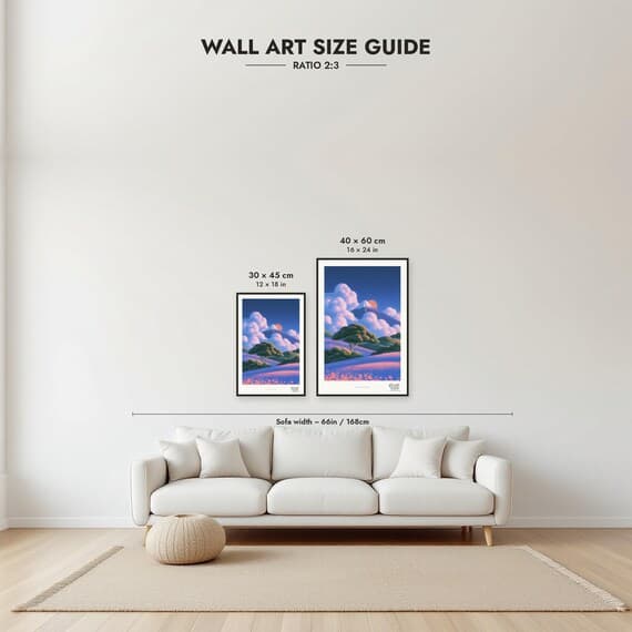 Framed size guide: 30x45 and 40x60 cm to scale above a sofa