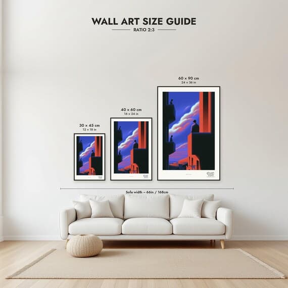 Size guide: 30×45, 40×60 and 60×90 cm to scale above a sofa