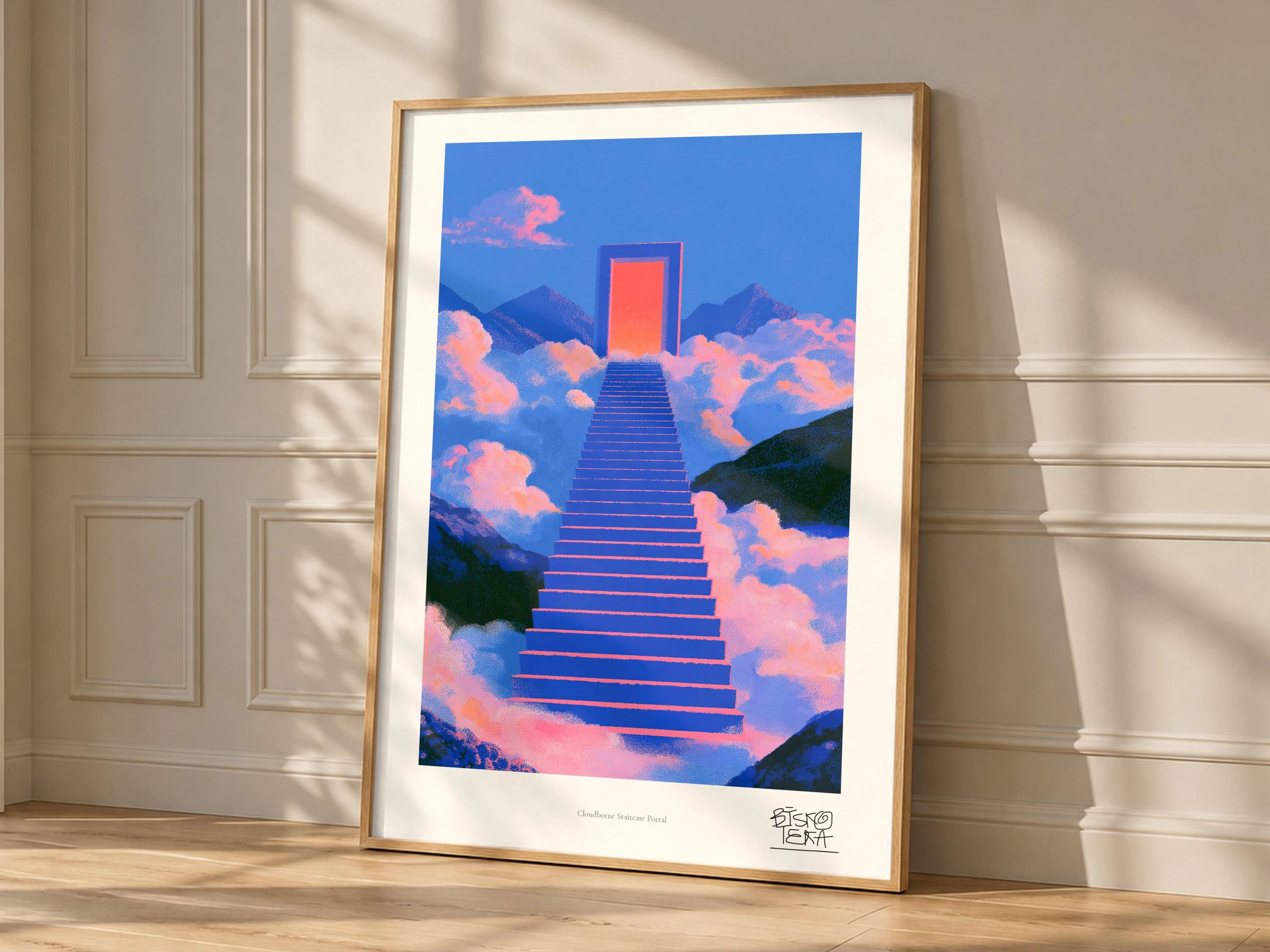 Staircase to the Clouds art print leaning on panelled wall, surreal doorway portal