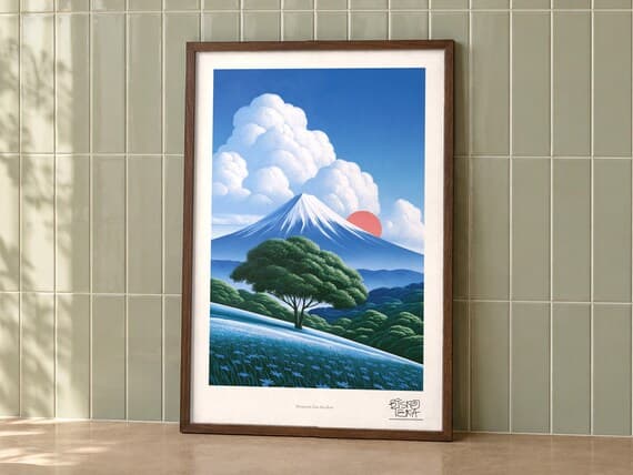 Mountain Sun Meadow art print on a wall, room view