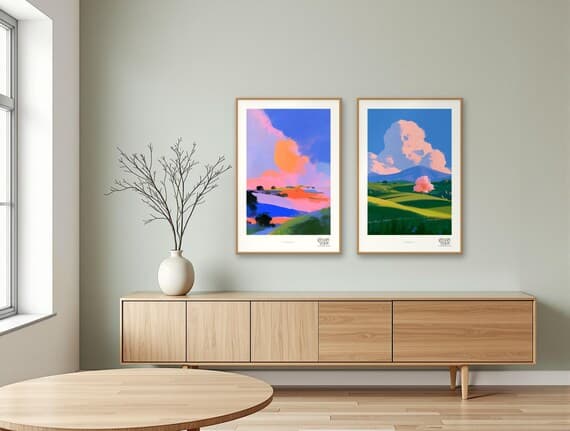 Pastel Hills duo shown together in a sage dining room