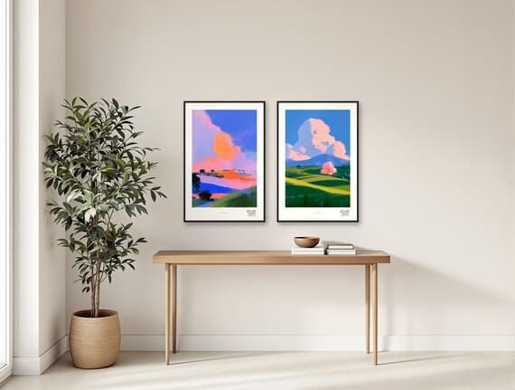 Pastel Hills duo shown together over a hallway console
