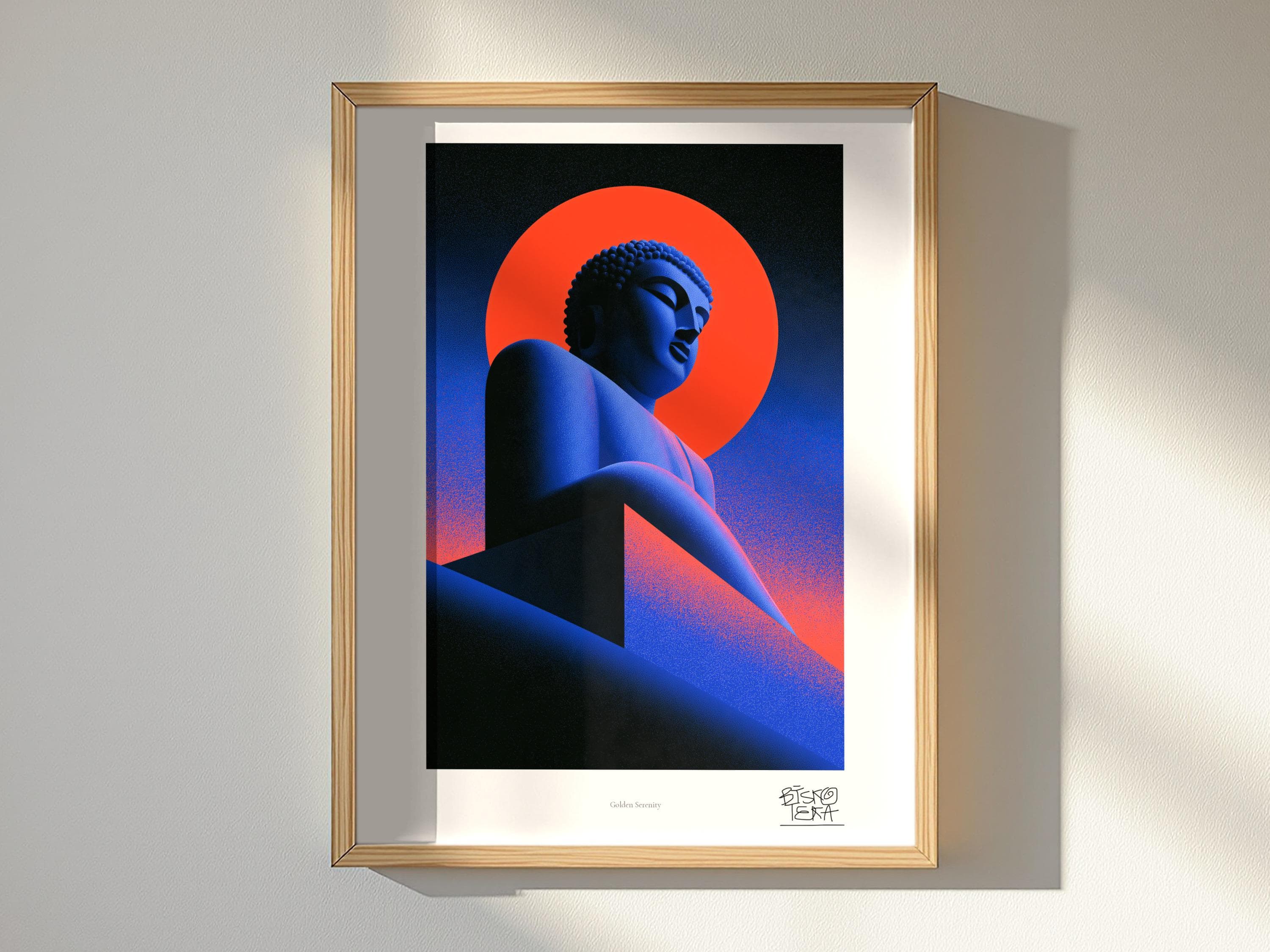 Golden Serenity art print, framed, shown in a styled room