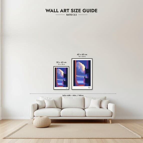 Framed size guide: 30x45 and 40x60 cm to scale above a sofa