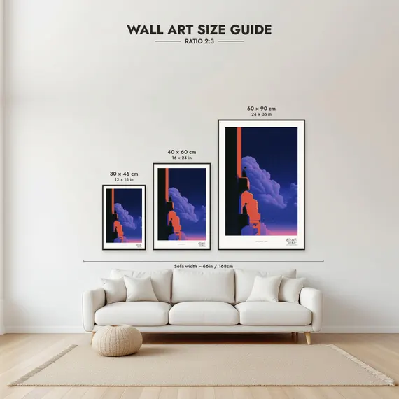Size guide: 30×45, 40×60 and 60×90 cm to scale above a sofa