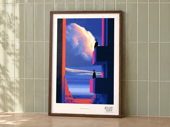 Balcony Men Stillness framed art print, second room setting