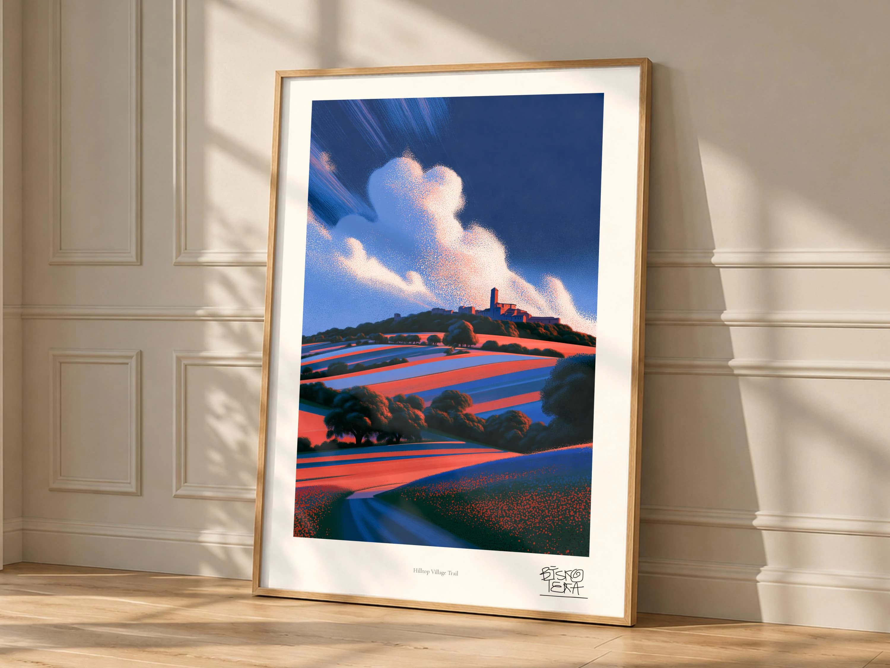 Hilltop Village Trail art print, framed, shown in a styled room