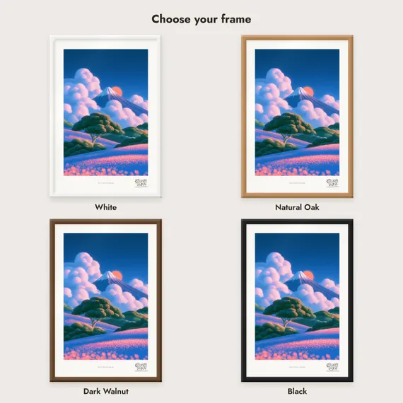 Frame colour comparison for the Snowy Sunrise Landscape framed print