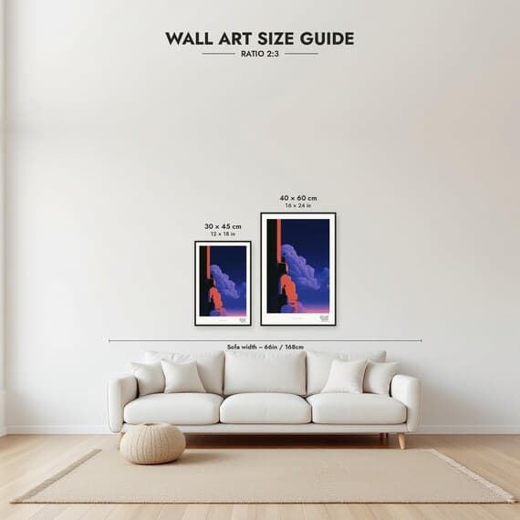 Framed size guide: 30x45 and 40x60 cm to scale above a sofa