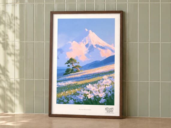 Pine Over Volcanic Meadow framed art print, second room setting