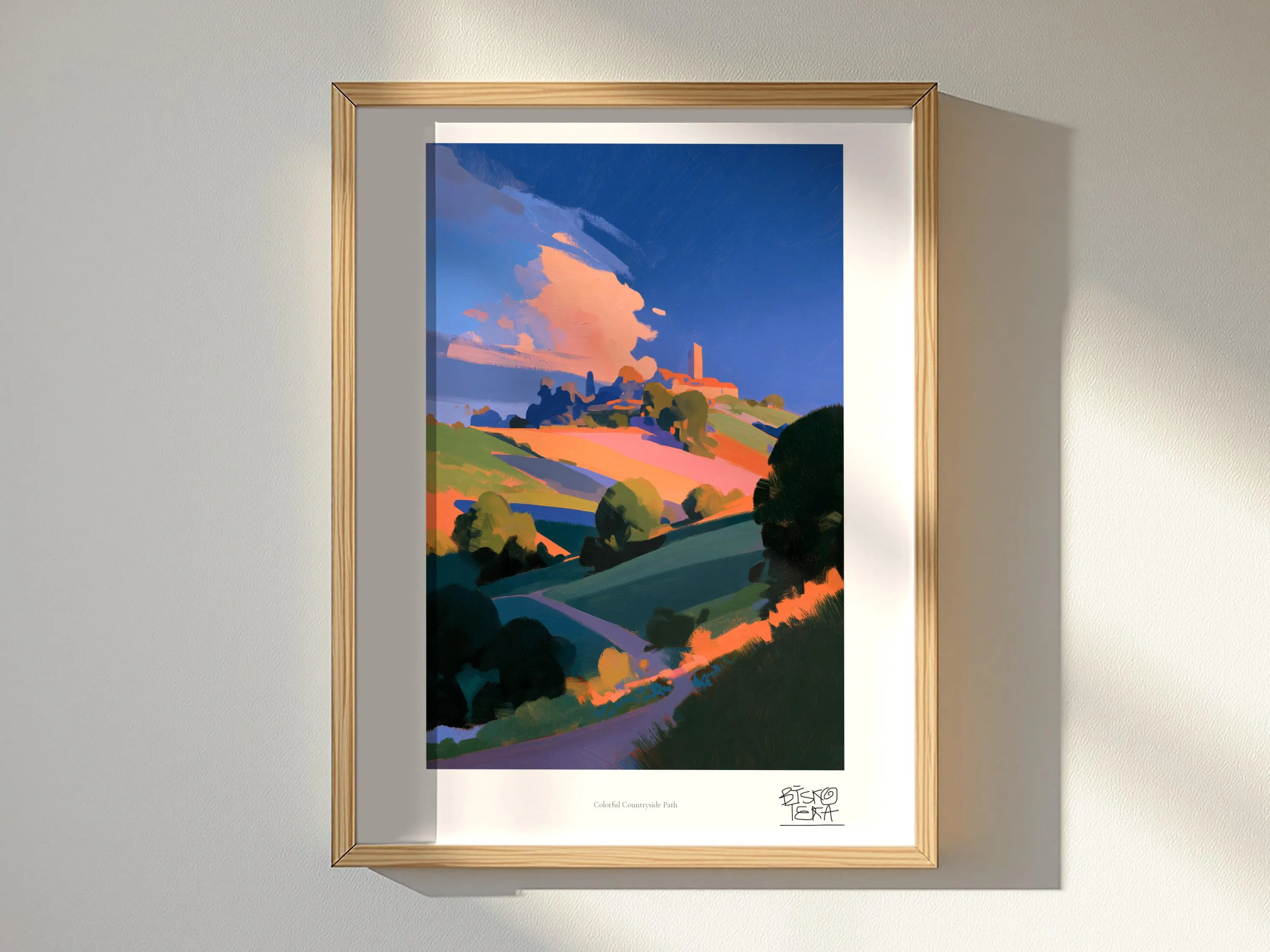 Colorful Countryside Path art print, framed, shown in a styled room