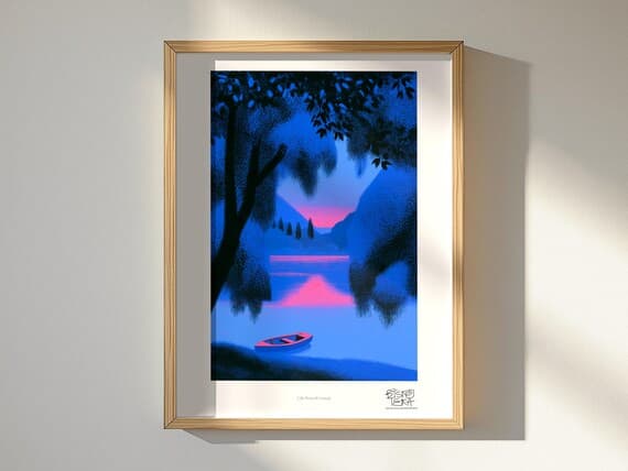 Lake Beneath Canopy art print, framed, in a second room setting