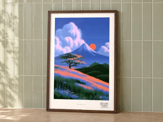 Sunlit Alpine Scene framed art print, second room setting
