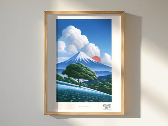 Mountain Sun Meadow art print, framed, in a second room setting
